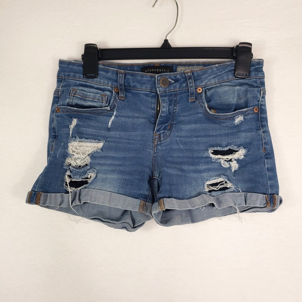 Aeropostale Midi Shorts Womens 4 Blue Denim Distressed Ripped Cuffed Jean Cutoff